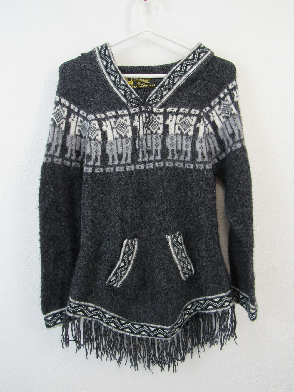 Milma's Crafts 100% Wool Gray and White Alpaca Hoodie Pullover Sweater Fringe